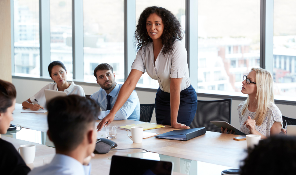 business meeting with woman standing