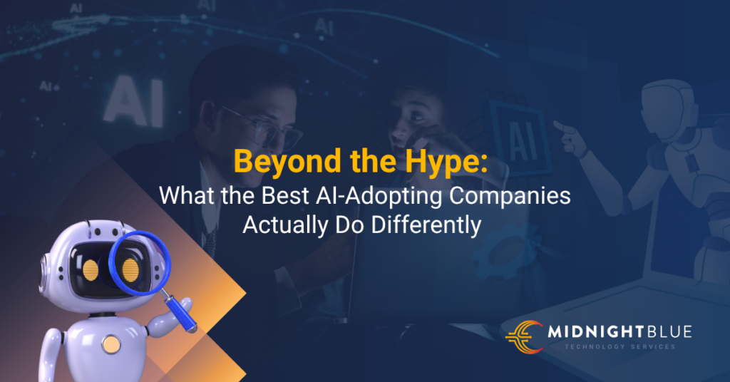 a 3D robot holding a magnifying glass in the foreground, two professionals collaborating at a screen in the background, and an AI robot graphic on the right, all set against a dark blue background with 'AI' lettering. Text reads: 'Beyond the Hype: What the Best AI-Adopting Companies Actually Do Differently.'