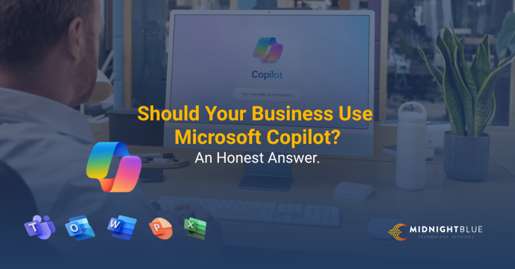 A man in his workstation, starring at the Copilot logo in his monitor. Text: Should your business use Microsoft Copilot? An honest answer.