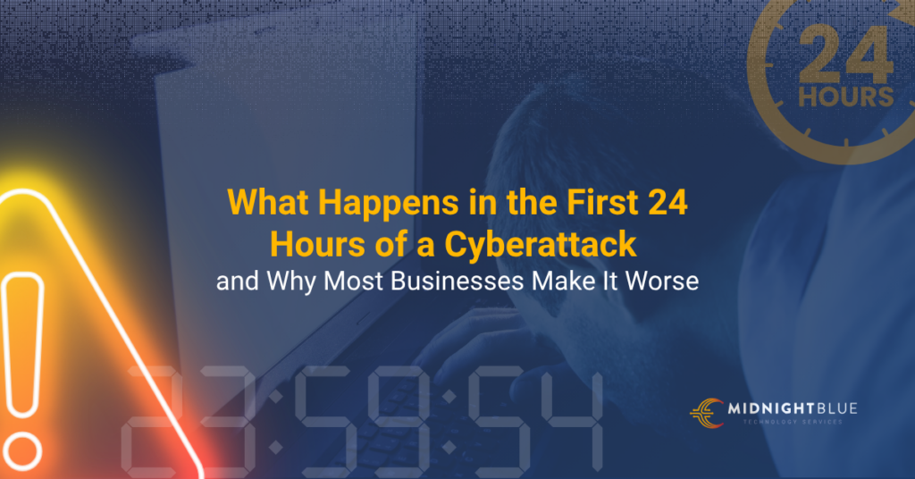 Illustration of a stressed man working late on a laptop, with a glowing orange warning icon, a countdown timer reading 23:59:54, and a 24-hour clock graphic, titled 'What Happens in the First 24 Hours of a Cyberattack and Why Most Businesses Make It Worse' — Midnight Blue Technology Services.